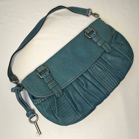 Vintage Y2K Fossil East West Shoulder Bag Blue Denim Stitch Leather Buckle - Picture 2 of 10